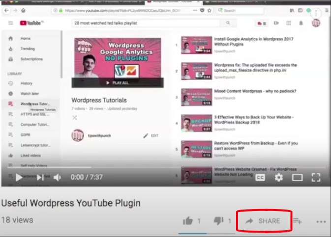 YouTube video with share button clicked