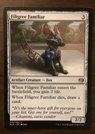 Filigree Familiar, grey artifact creature card showing mechanical fox