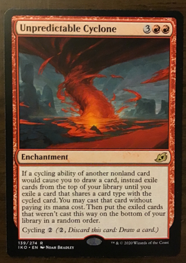 Unpredictable Cyclone, red enchantment card showing giant fire tornado