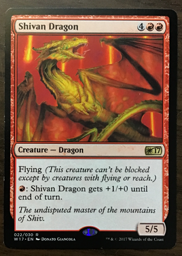 Shivan Dragon, red creature card with yellowish dragon