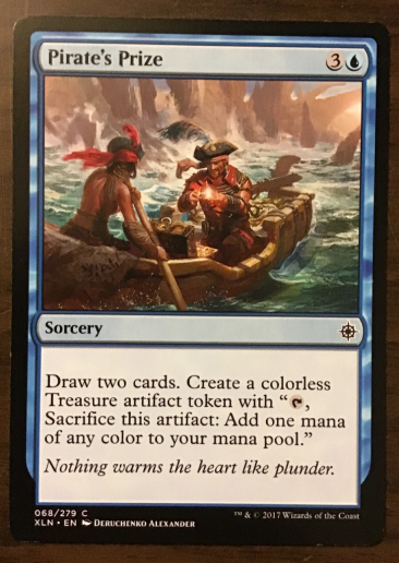 Pirate's Prize, blue sorcery card showing two pirates holding treaure on a boat