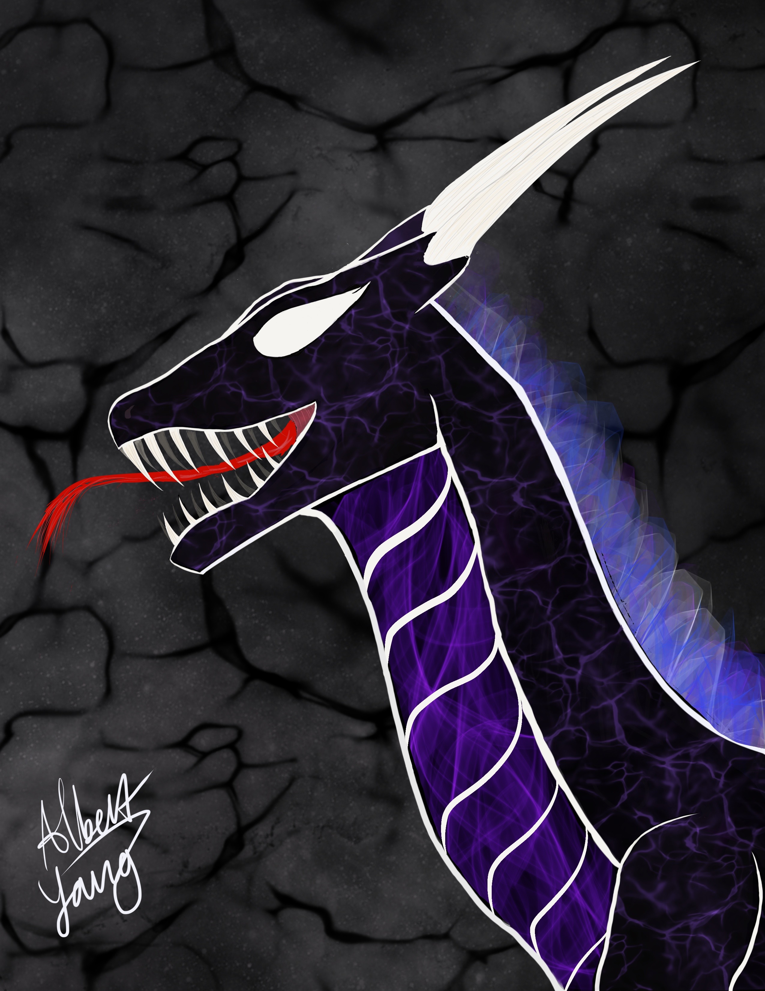 black and white venom dragon with purple and blue glow against black flowing background